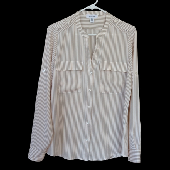 Calvin Klein Striped Button Tab Button Up Semi-Sheer Blouse MEDIUM White Tan - Picture 4 of 15